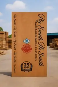 Branded commercial plywood sheet with 25-year guarantee stamp, glue line protection logo, and Ply Smith markings, displayed in a plywood manufacturing yard