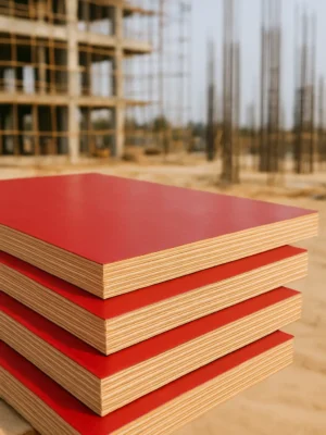 Stack of red shuttering plywood sheets at a construction site, showcasing high strength and smooth finish ideal for concrete formwork – click to explore product features and specifications.