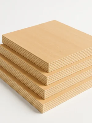 Stack of commercial plywood sheets with smooth finish and uniform layers – click to explore product features and specifications.
