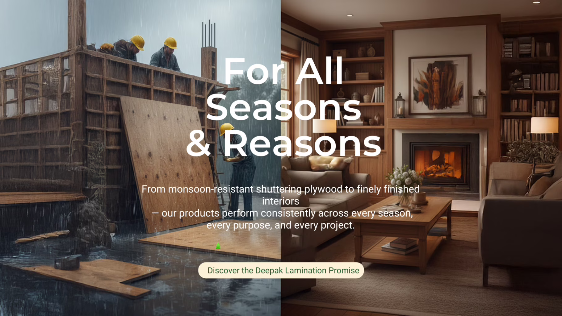 Deepak Lamination plywood banner showing monsoon-resistant shuttering plywood and premium interior plywood, highlighting the company tagline ‘For All Seasons & Reasons