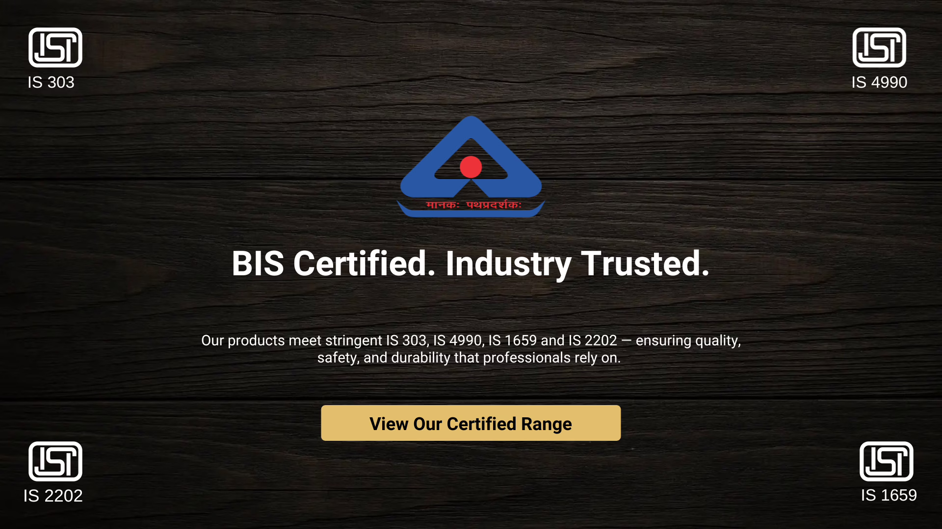 BIS certification banner showing IS 303, IS 4990, IS 1659, and IS 2202 markings with the BIS logo, highlighting Deepak Lamination’s quality-tested plywood range.