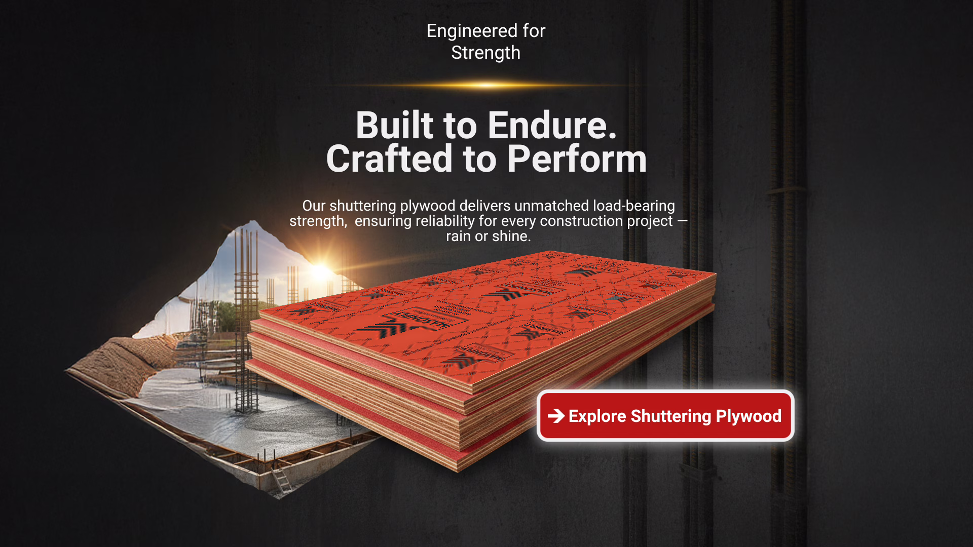 Shuttering plywood stack with waterproof red film face used in construction, showcasing Deepak Lamination’s engineered strength and durability for load-bearing projects.